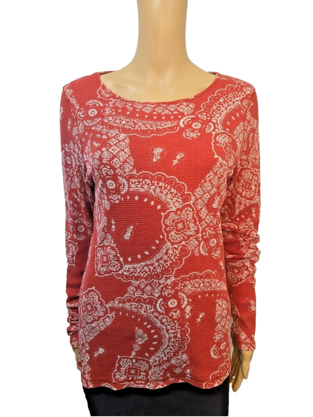 Lucky Brand XL Waffle Knit Paisley Long Sleeve Top Red Boho Casual Relaxed Fit - Picture 2 of 7
